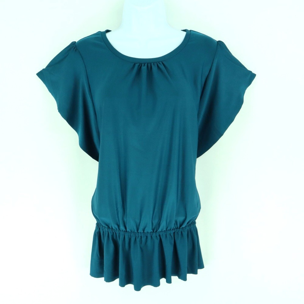 The Limited Peplum Blouse Women Size M Deep Shiney Blue-Green Angel Short Sleeve